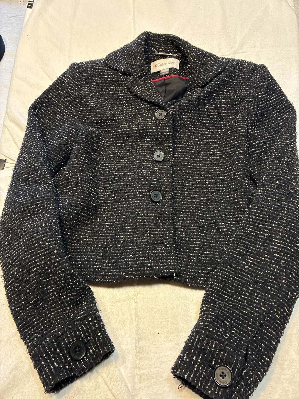 Calvin Klein Women's Black and White Tweed Cropped Blazer Size 0